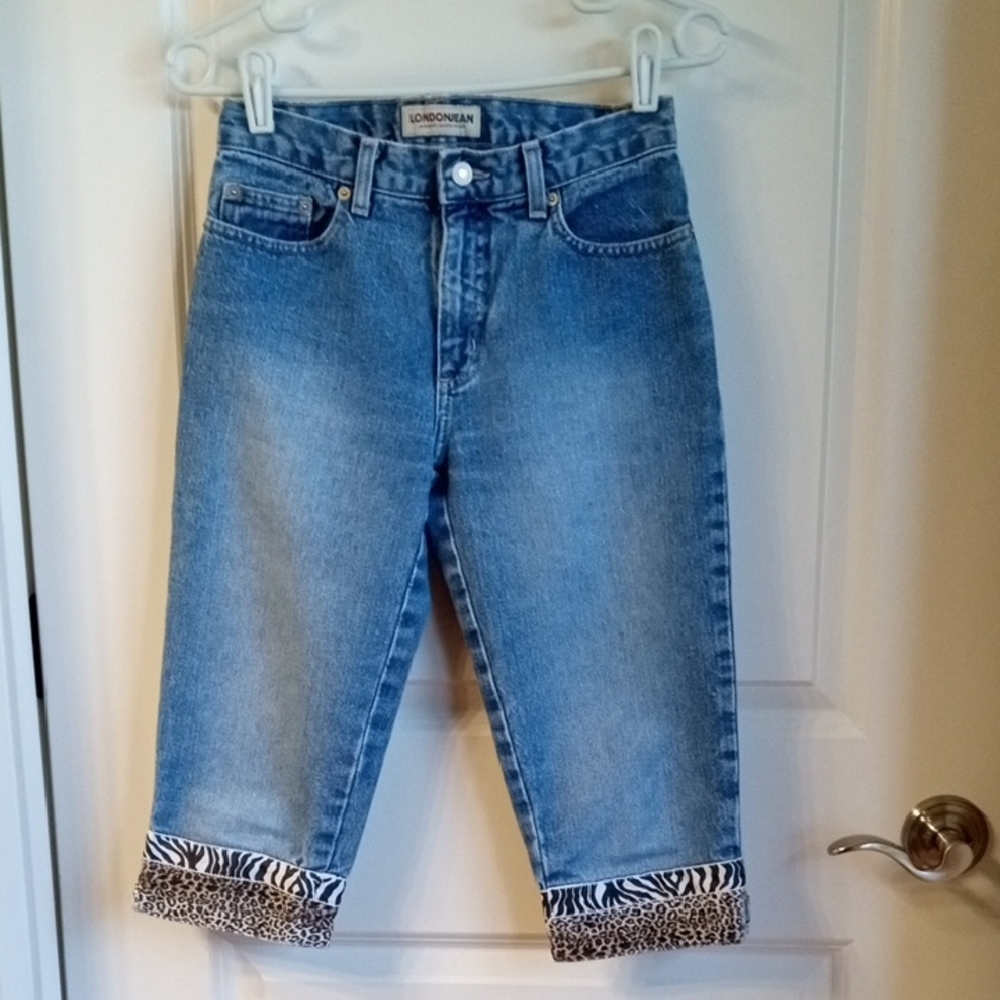 Vintage Y2K London Jean Denim Capris w/Animal Print Patterned Cuffs. Sz 2